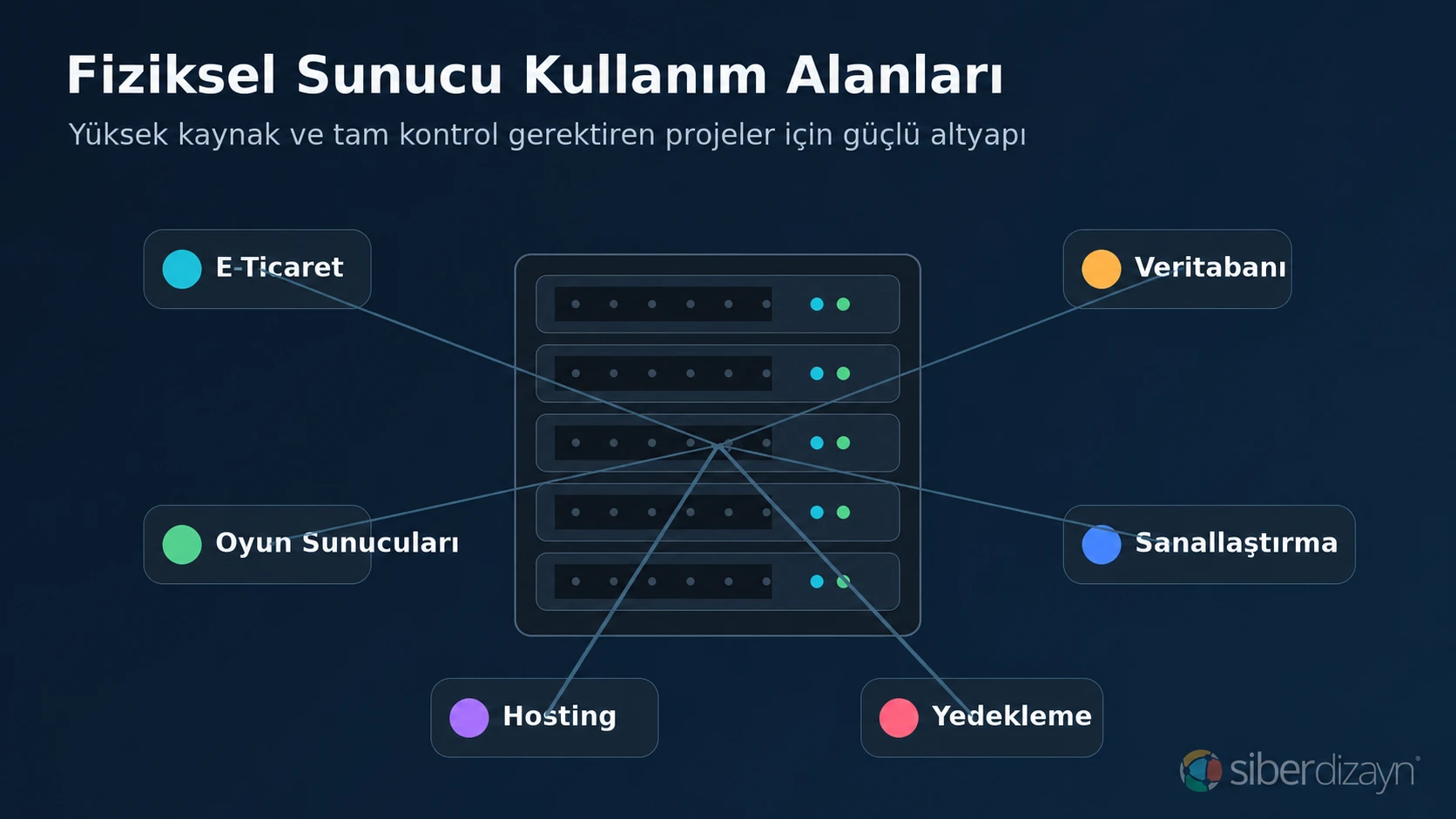 Fiziksel sunucunun e-ticaret, oyun, veritabanı, hosting, yedekleme ve sanallaştırma kullanım alanları