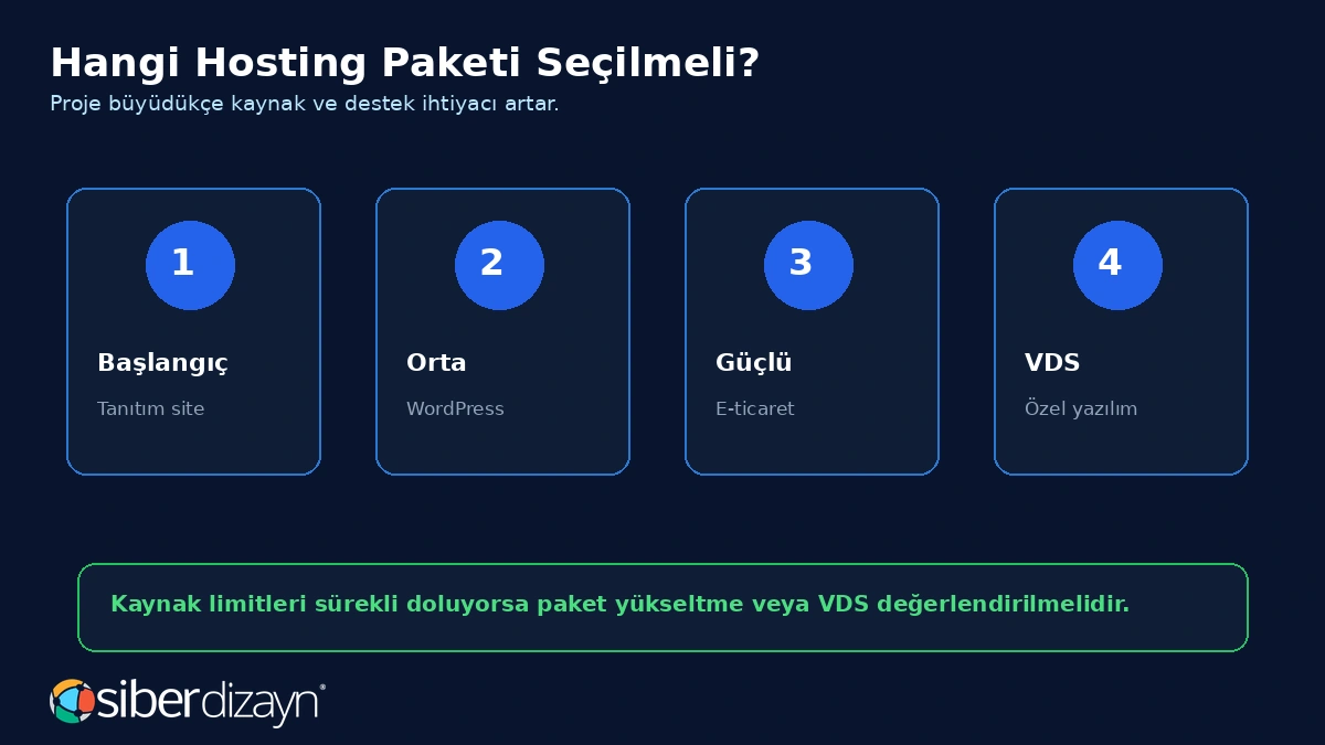 Hangi hosting paketi seçilmeli başlangıç orta güçlü ve VDS karar alanları