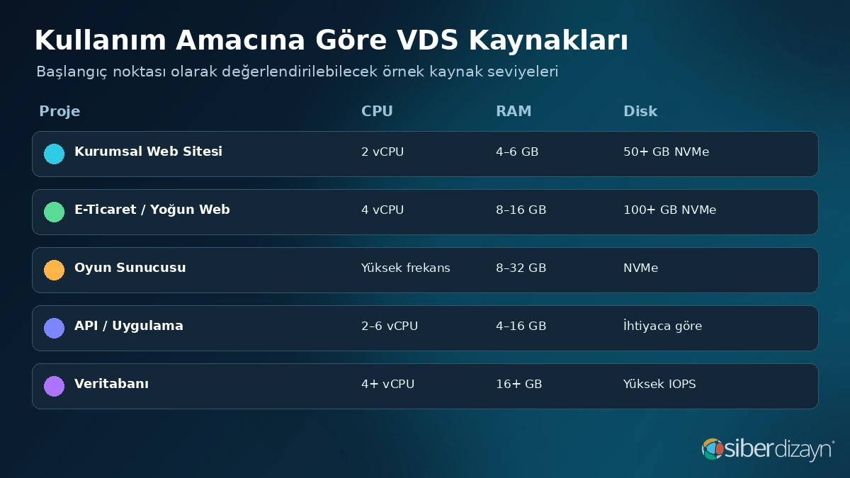 Kurumsal web sitesi, e-ticaret, oyun, API ve veritabanı için örnek VDS CPU RAM ve NVMe kaynakları