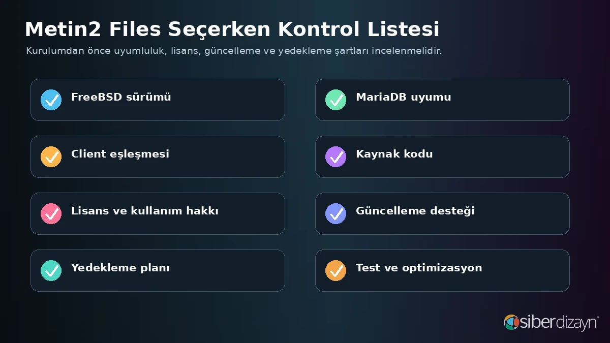 Metin2 server files seçerken FreeBSD, MariaDB, client, kaynak kodu, lisans ve yedekleme kontrol listesi