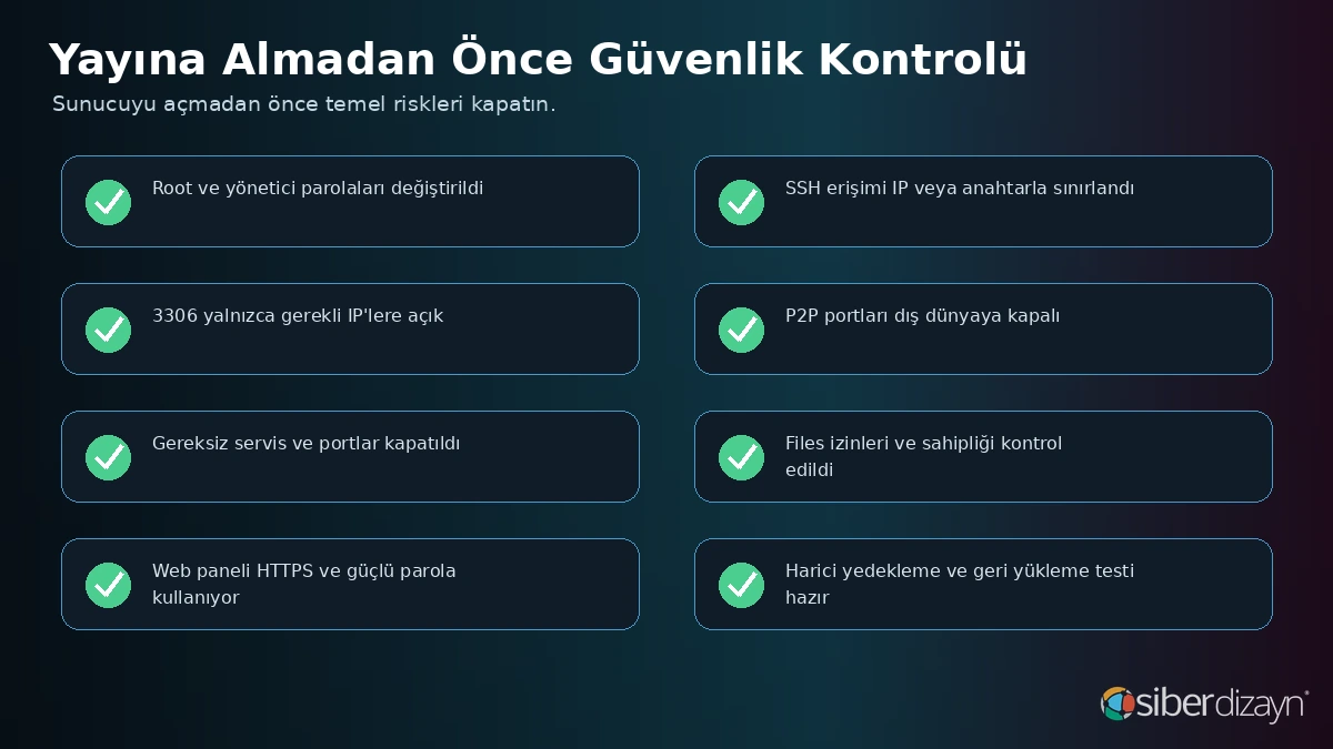 Metin2 sunucu yayına almadan önce SSH MariaDB P2P firewall files panel ve yedekleme kontrol listesi