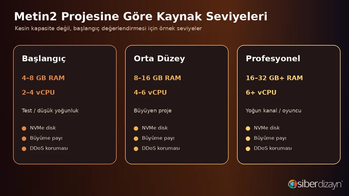 Başlangıç, orta düzey ve profesyonel Metin2 sunucuları için örnek RAM CPU ve NVMe seviyeleri