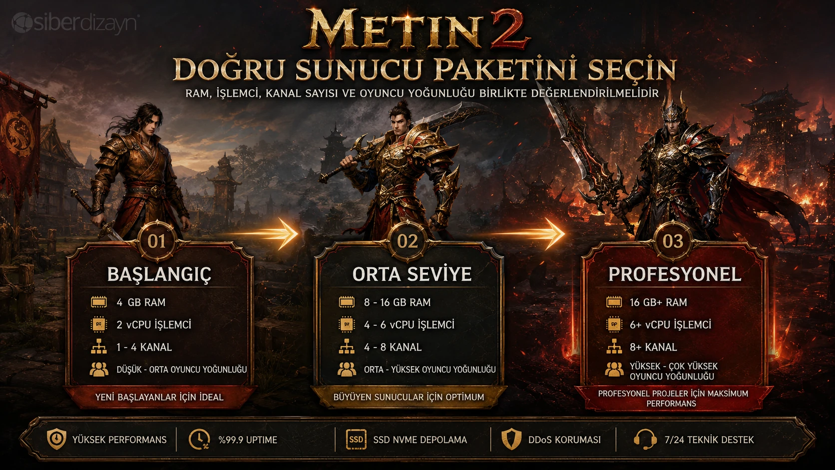 Başlangıç, gelişen ve profesyonel Metin2 projeleri için örnek sunucu paket seviyeleri