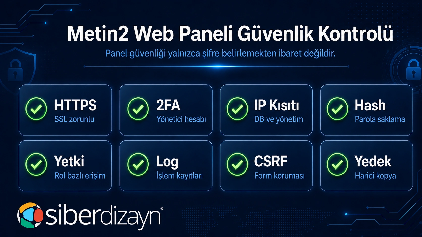 Metin2 web paneli için HTTPS iki faktörlü doğrulama IP kısıtlaması ve log güvenliği