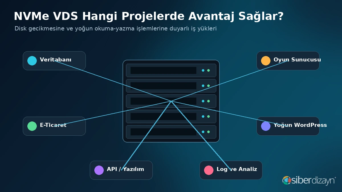 NVMe VDS'nin veritabanı, e-ticaret, oyun, WordPress, API ve log analizi kullanım alanları