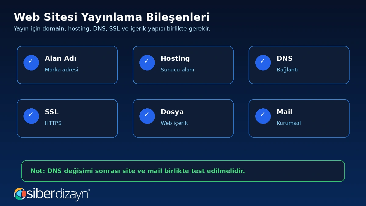 Web sitesi yayınlama bileşenleri alan adı hosting DNS SSL dosya ve mail